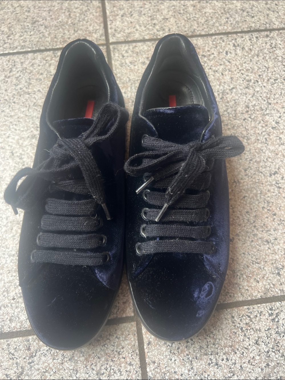 Prada Navy Velvet Lace-Up Sneakers with Red Insole Accent